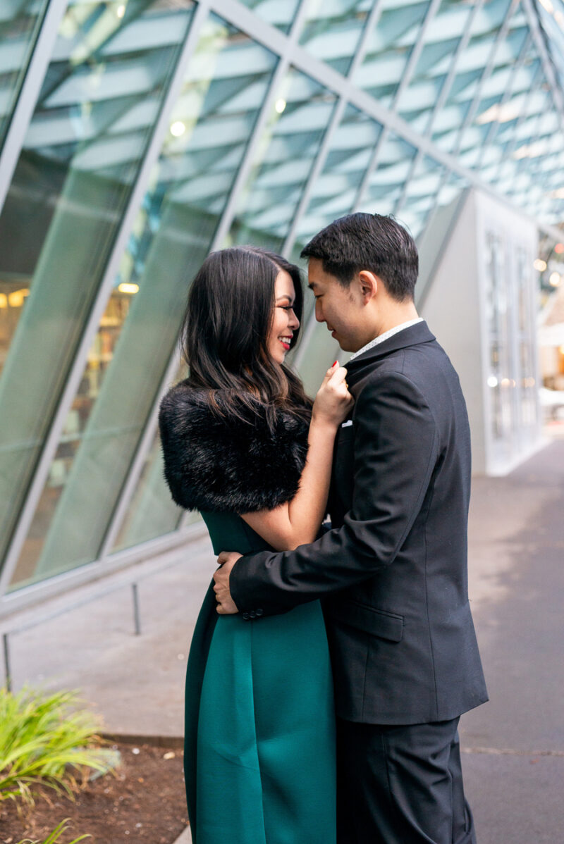 Seattle engagement photos at Seattle Public Library, Seattle fashion blogger Just A Tina Bit, Seattle holiday shoot, couples shoot, couples session