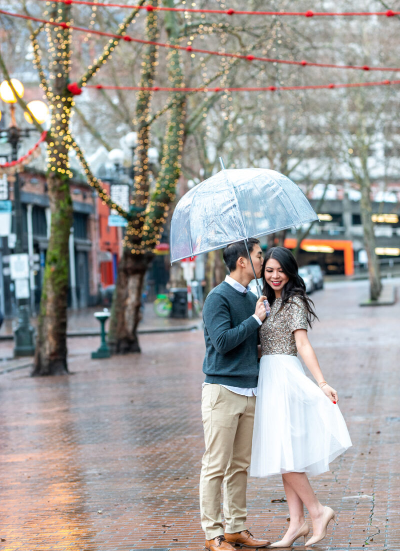 Rainy Festive Pioneer Square Engagement Photos