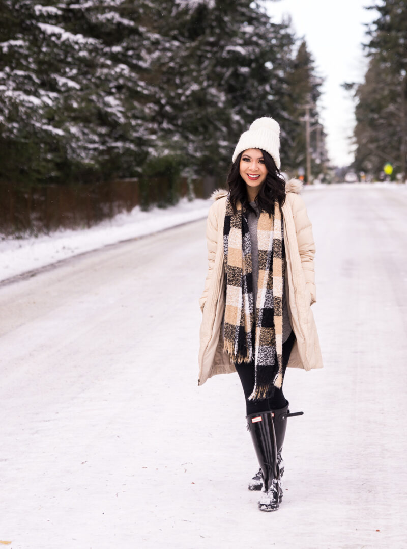 Snow outfits with Hunter boots, grey cashmere sweater, long sweater with leggings, neutral plaid scarf, puffer coat, pom pom beanie, Seattle snow storm, Seattle fashion blogger