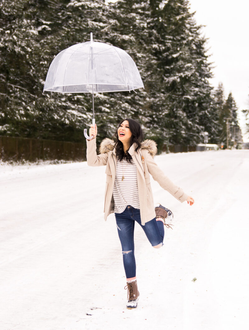 Duffle coat with faux fur hood, striped top, duck boots, clear umbrella, snow look, winter fashion, Seattle snowpocalypse 2019, Seattle fashion blogger