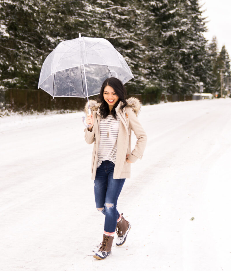 Duffle coat with faux fur hood, striped top, duck boots, clear umbrella, snow look, winter fashion, Seattle snowpocalypse 2019, Seattle fashion blogger