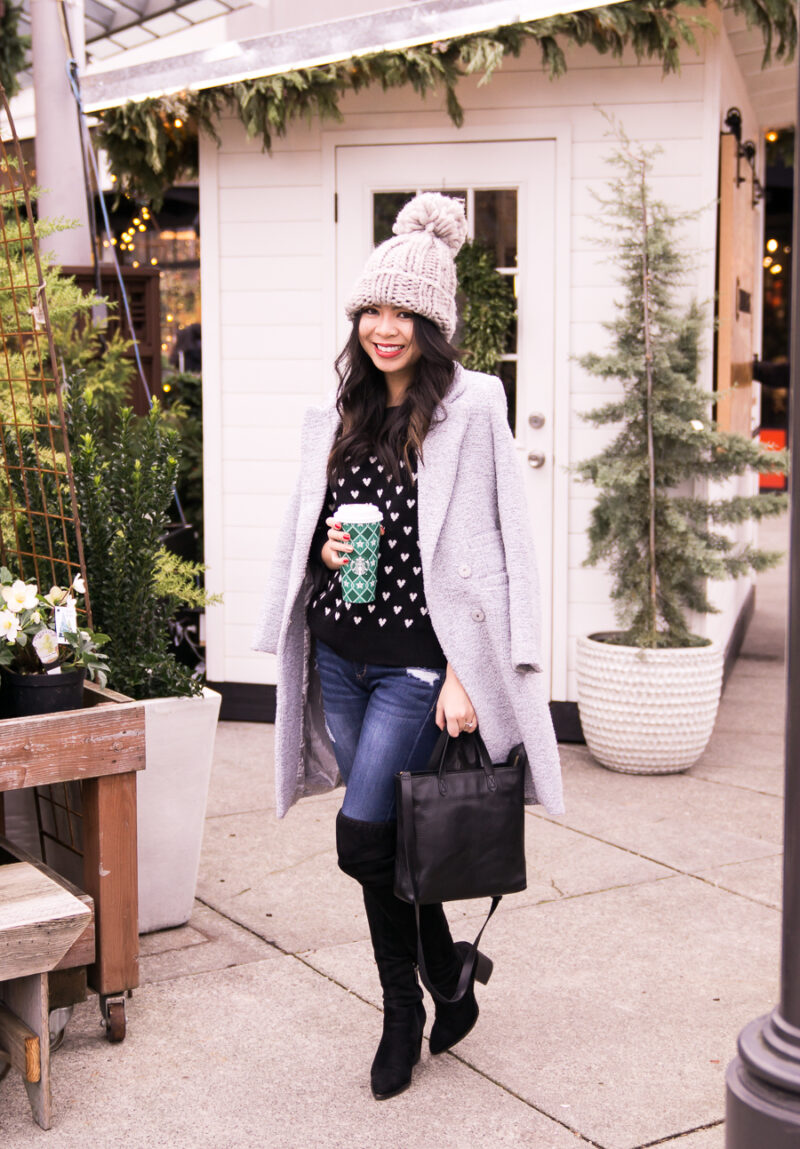 Heart sweater, over the knee boots, chunky beanie, winter fashion, Seattle fashion blogger Just A Tina Bit