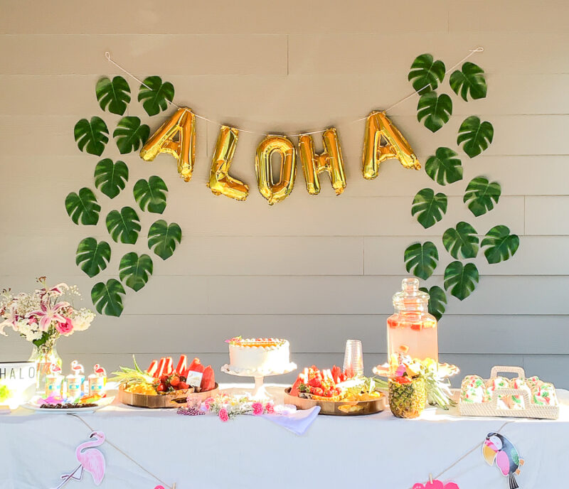 Tropical, Hawaiian theme bridal shower party, bridal shower decoration ideas, aloha balloons, palm leaves