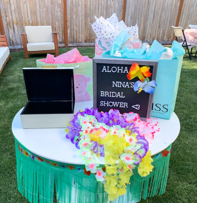 Tropical, Hawaiian theme bridal shower party, bridal shower decoration ideas, easy welcome bridal shower sign with letterboard