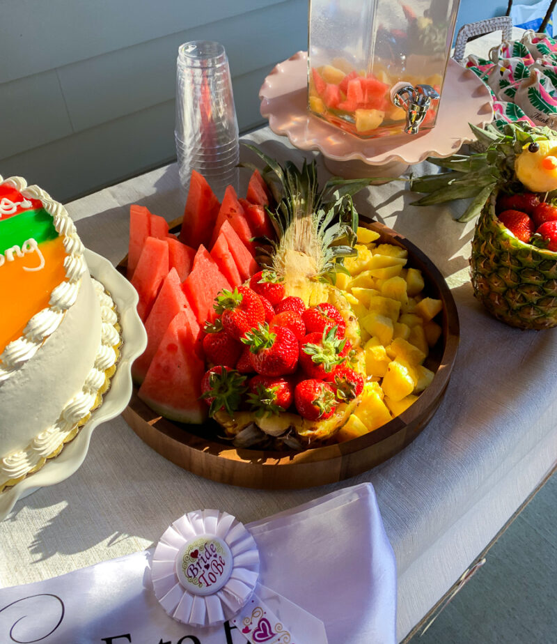 Tropical, Hawaiian theme bridal shower party, bridal shower decoration ideas, tropical fruit platter