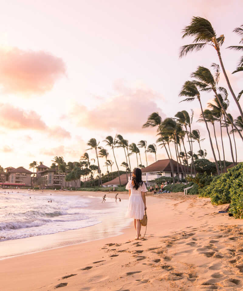 Top Things To Do in Kauai, Hawaii - Poipu Beach during pink sunset | Seattle Blogger Just A Tina Bit