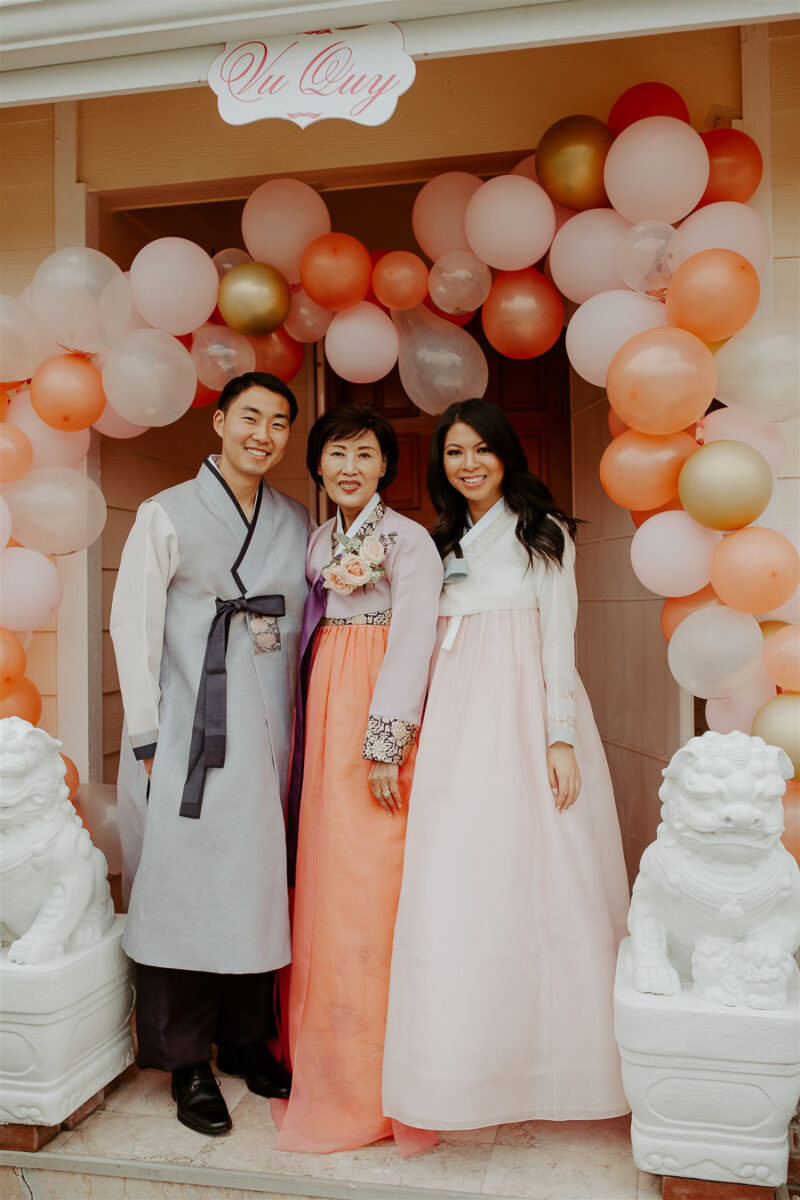 Traditional Korean wedding outfits, custom hanboks for wedding, tea ceremony, balloon garland