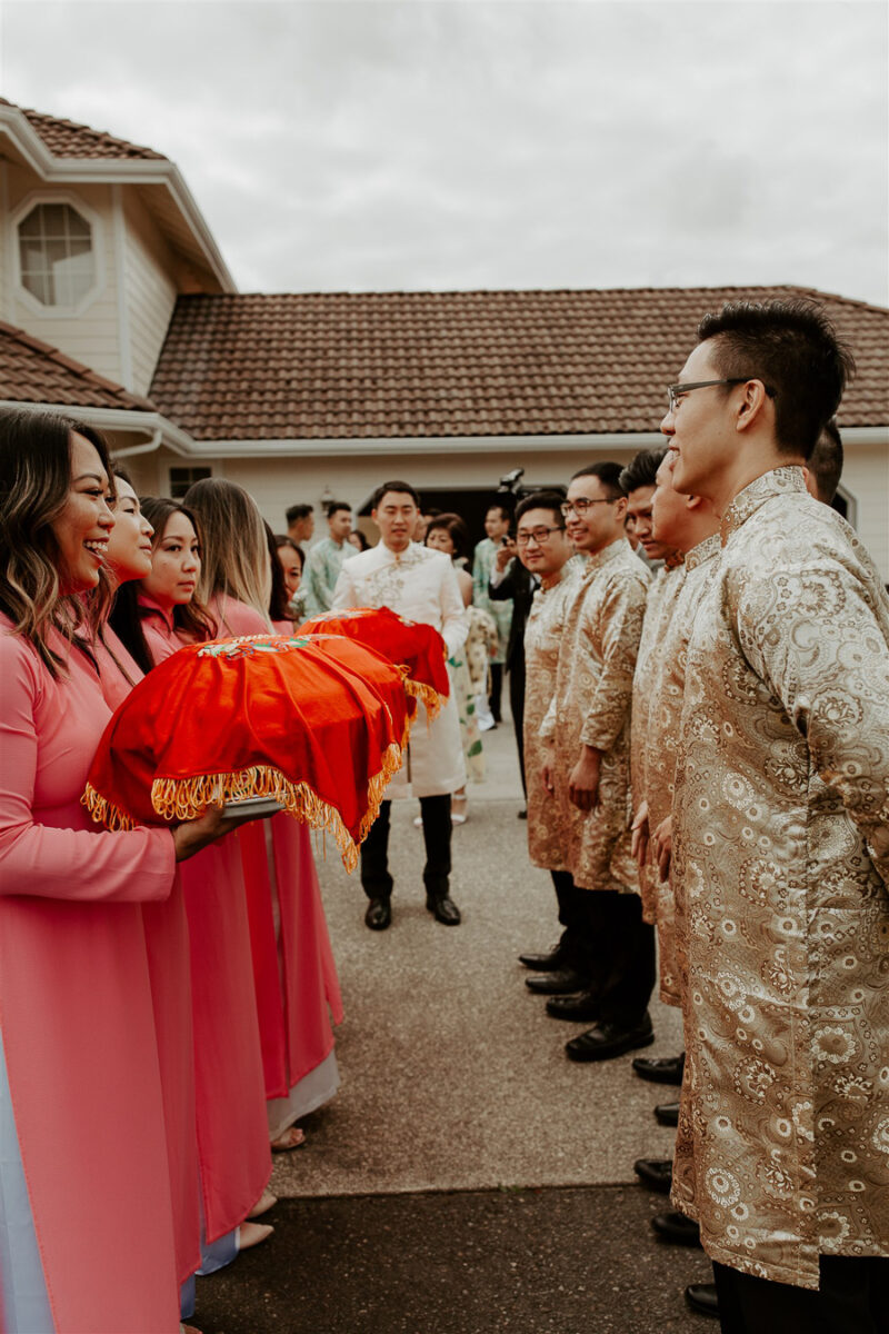Traditional Vietnamese wedding tea ceremony, Vietnamese American, modern ao dai for women and men, Seattle fashion blogger, mam qua red gifts