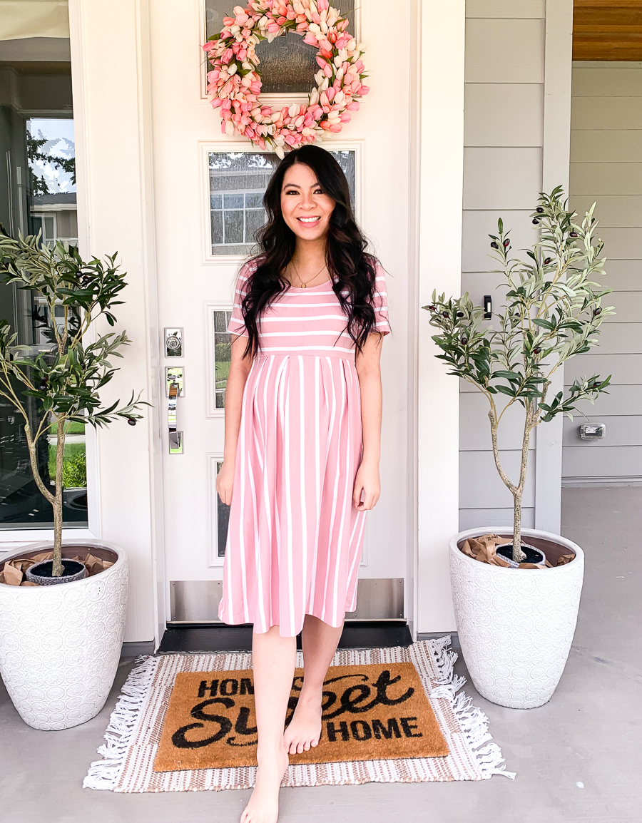 Second trimester pregnancy update, pink casual striped maternity dress