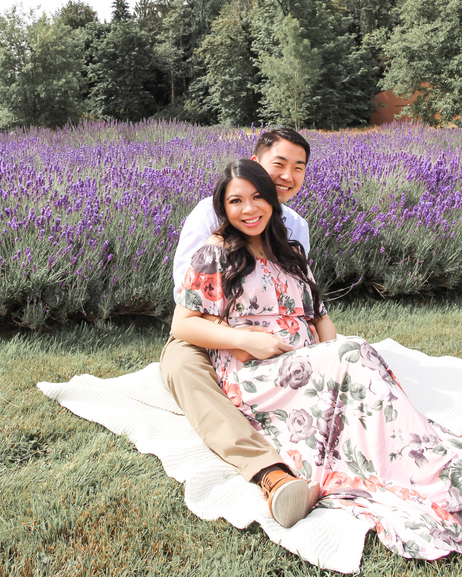 Maternity photoshoot at a lavender field in Olympia called Evergreen Valley Lavender Farm, wearing Pink Blush Maternity maxi dress with floral print and off the shoulder