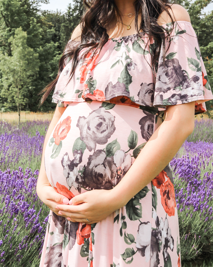 Maternity maxi dress with floral print and off the shoulder detail, maternity poses