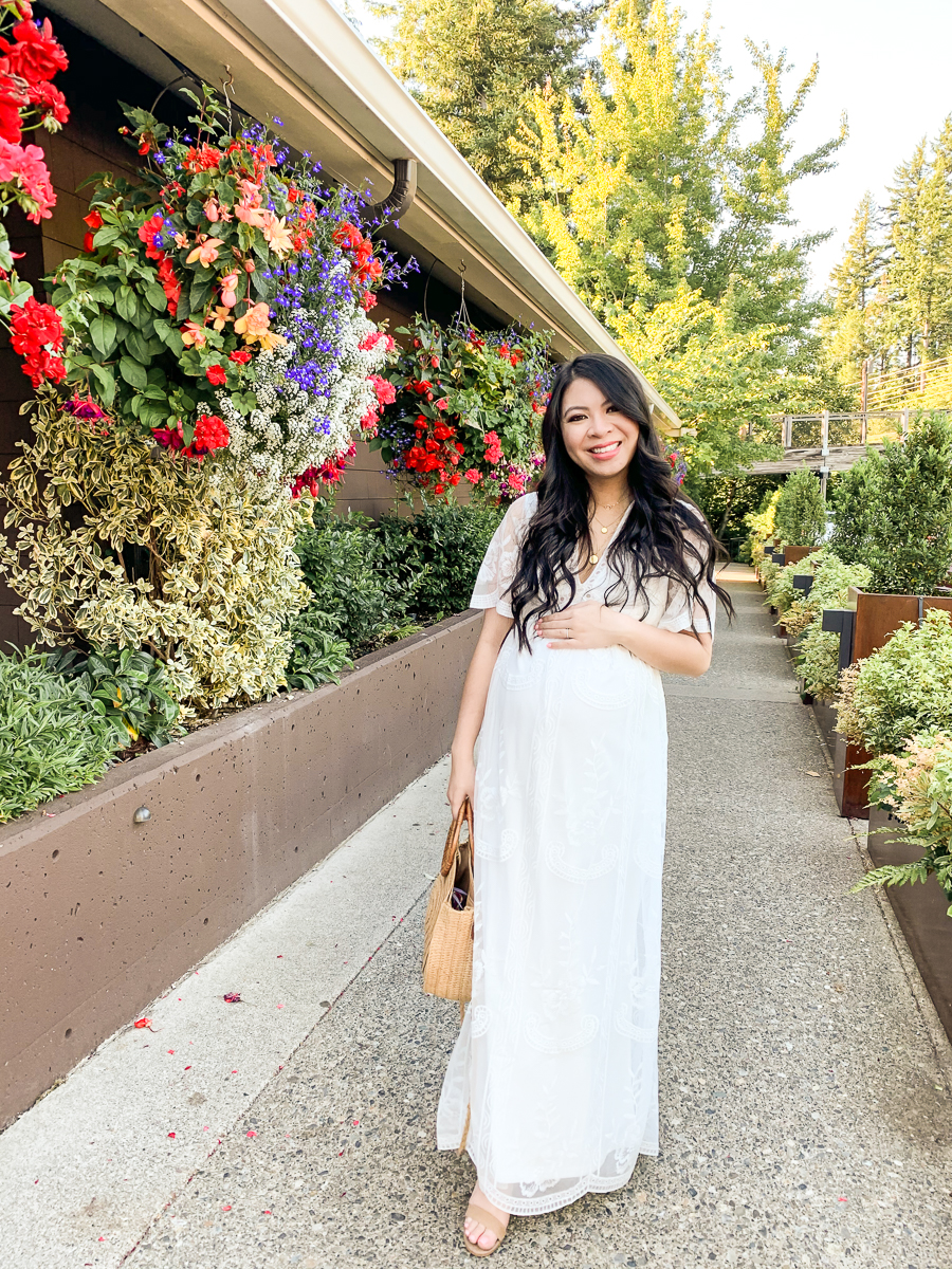 Seattle blogger Just A Tina Bit, babymoon at Salish Lodge, wearing lace white maternity dress from Pink Blush Maternity, bump style