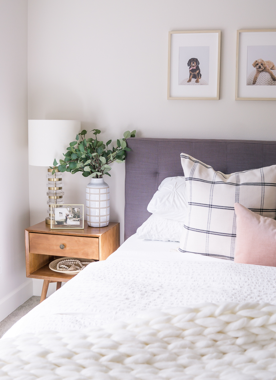 small guest bedroom makeover, midcentury modern bedroom, gray bed, mid-century modern nightstand, neutral bedroom
