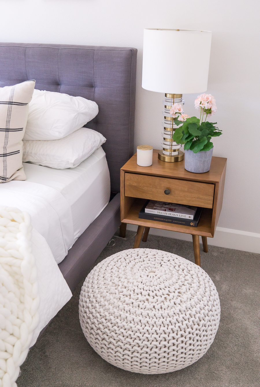 small guest bedroom makeover, midcentury modern bedroom, gray bed, mid-century modern nightstand, neutral bedroom, pouf