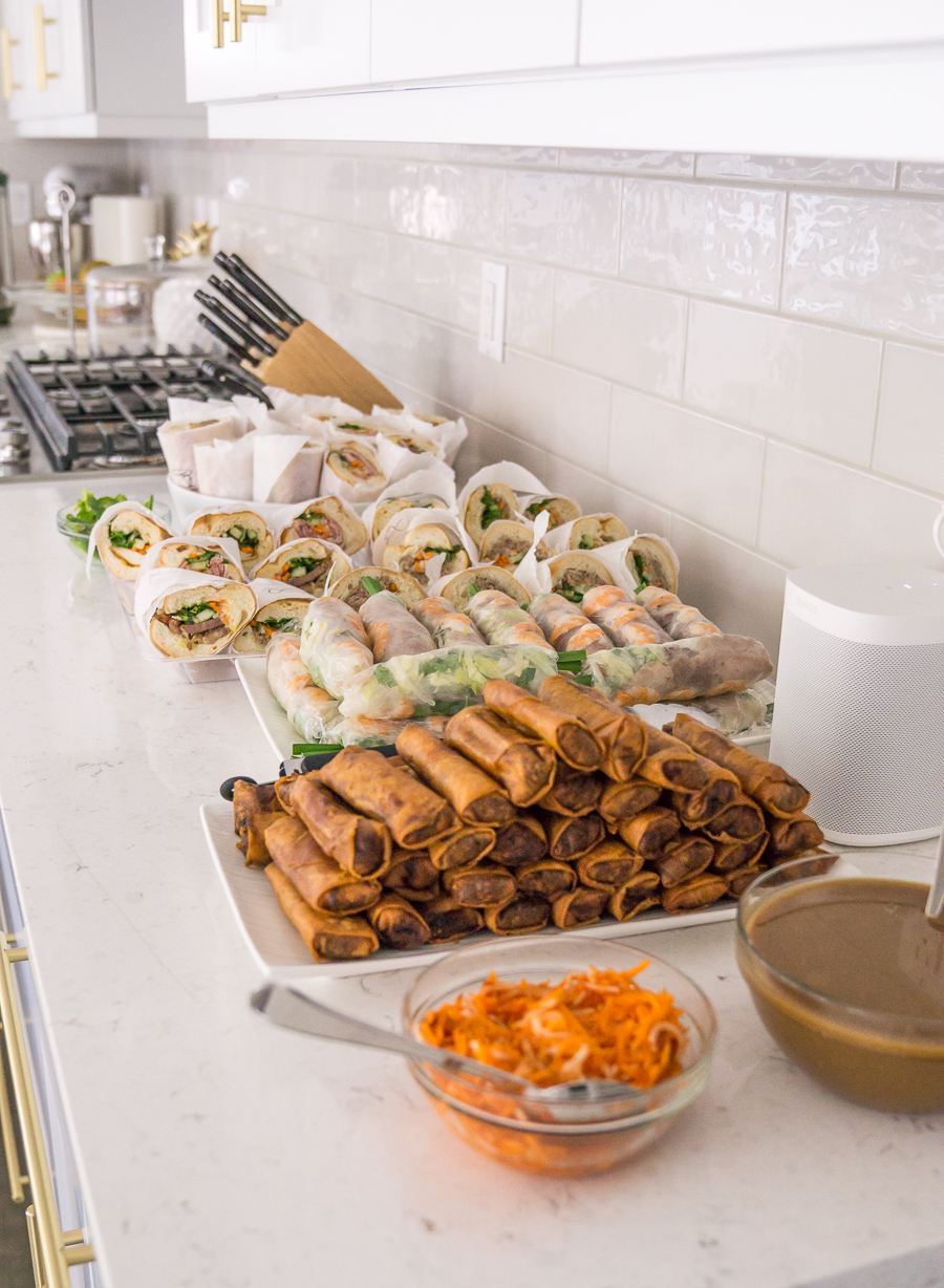 Bridal shower food, catered Vietnamese food with banh mi, egg rolls, and spring rolls