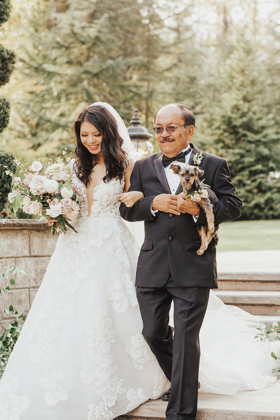 wedding ceremony details, father walks daughter down the aisle with dog
