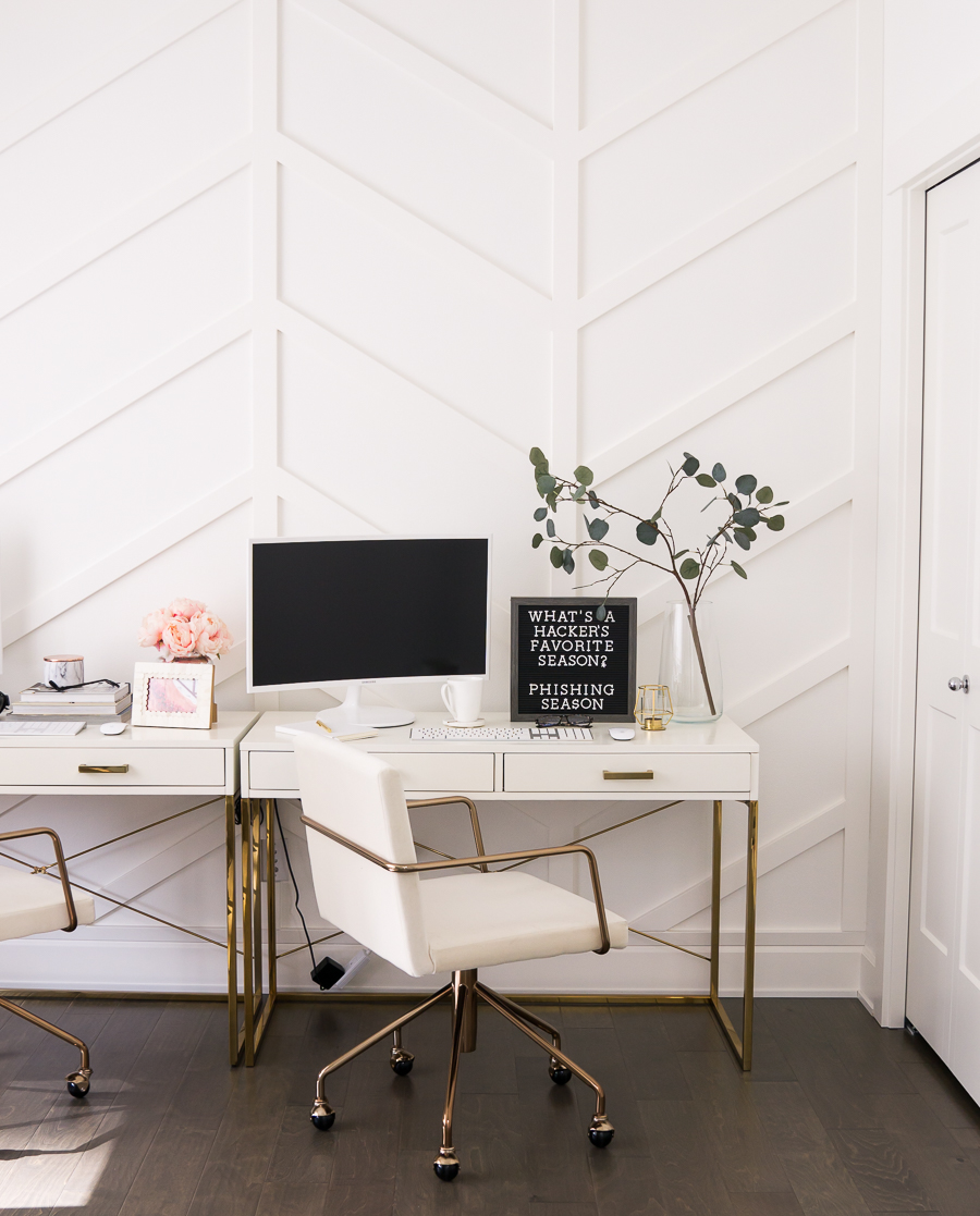 5 cybersecurity tips to secure online accounts, chevron accent wall, herringbone board and batten, double office, white and gold office