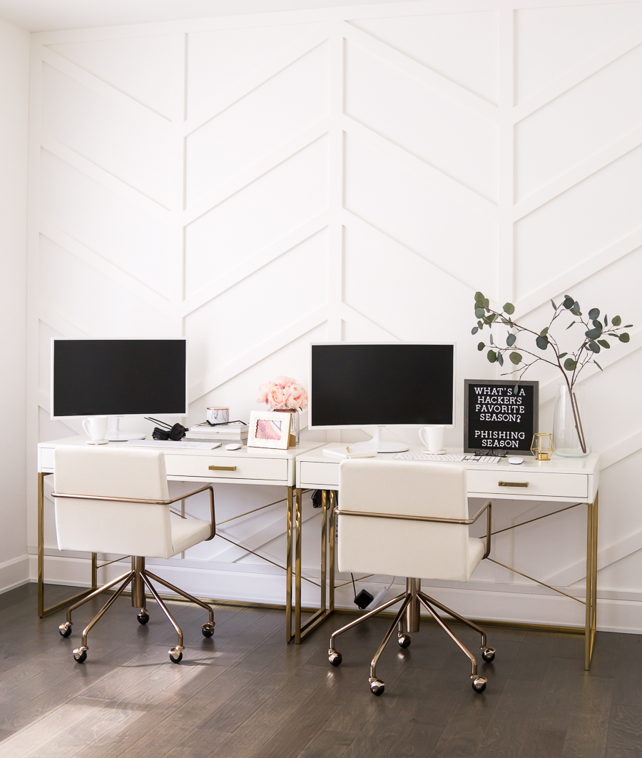 5 cybersecurity tips to secure online accounts, chevron accent wall, herringbone board and batten, double office, white and gold office