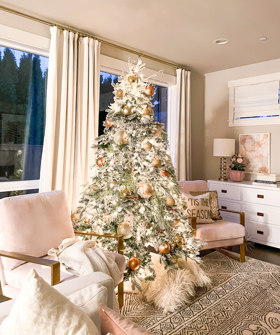 Flocked Christmas tree, gold theme, gold ornaments, blush pink chairs