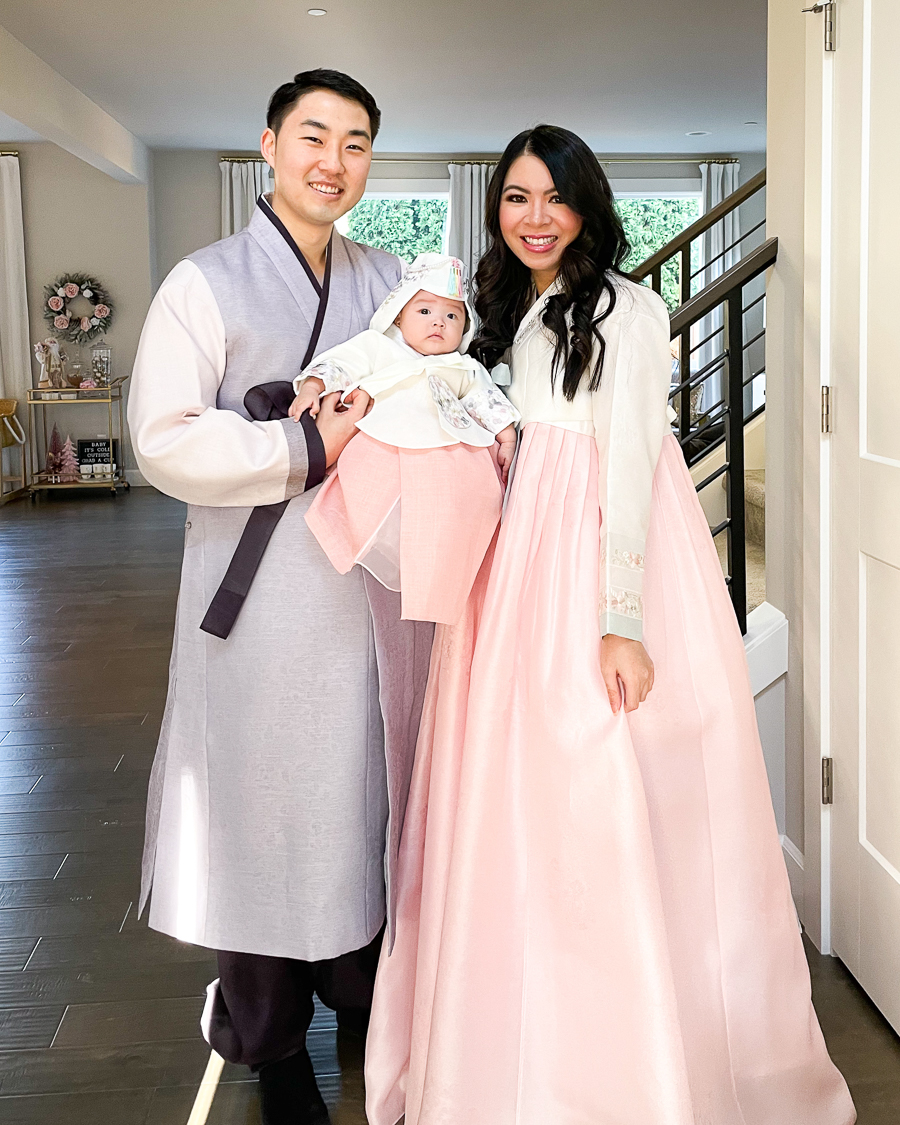 matching family hanboks, Korean traditional gowns, light pink hanbok, adult hanboks, baby hanbok