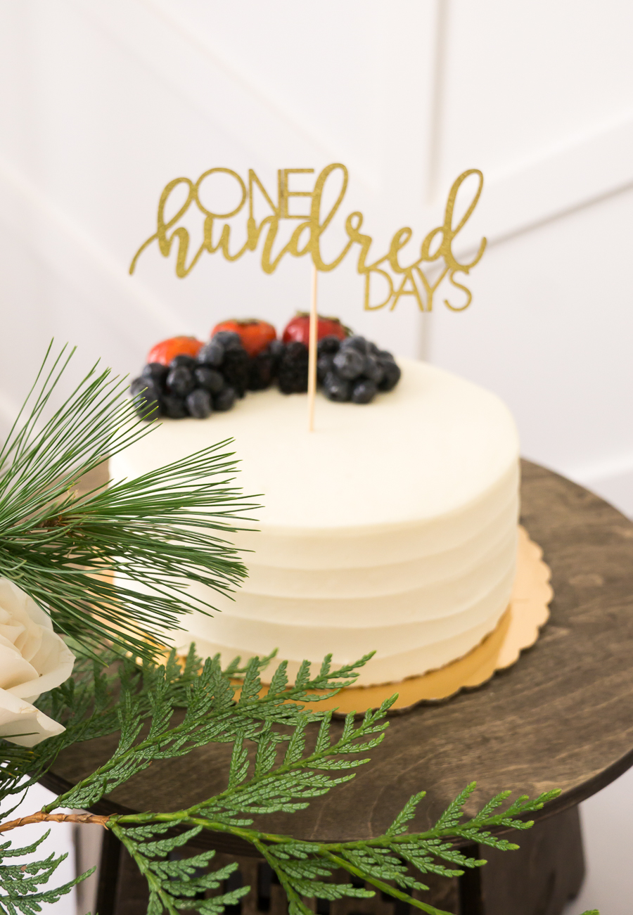 Whole Foods berry chantilly cake with one hundred days cake topper, 100 day cake topper gold