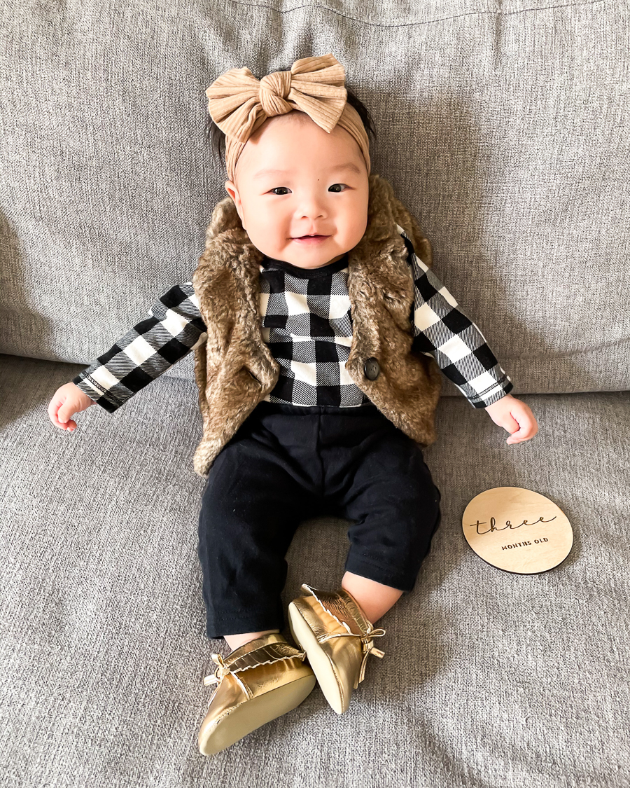3 month old baby milestone photo, baby fall outfit, baby faux fur vest, gold moccasins, plaid outfit, checkered onesie