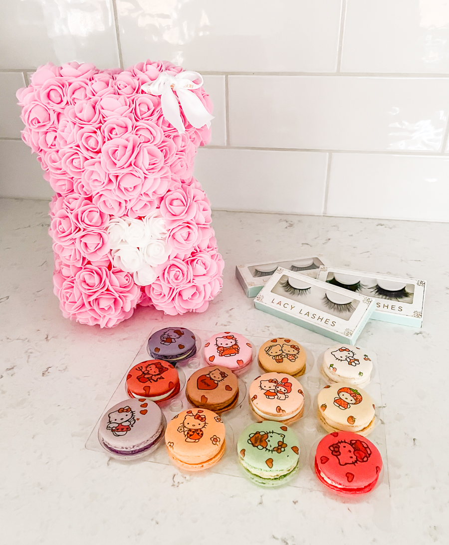 Small businesses to support this Valentine's Day, Valentines Day gift bundle with rose bear, macarons, and faux lashes
