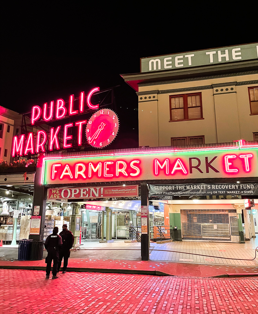 Pike Place Market at nigh, Public Market Farmers Market sign, Seattle, Washington