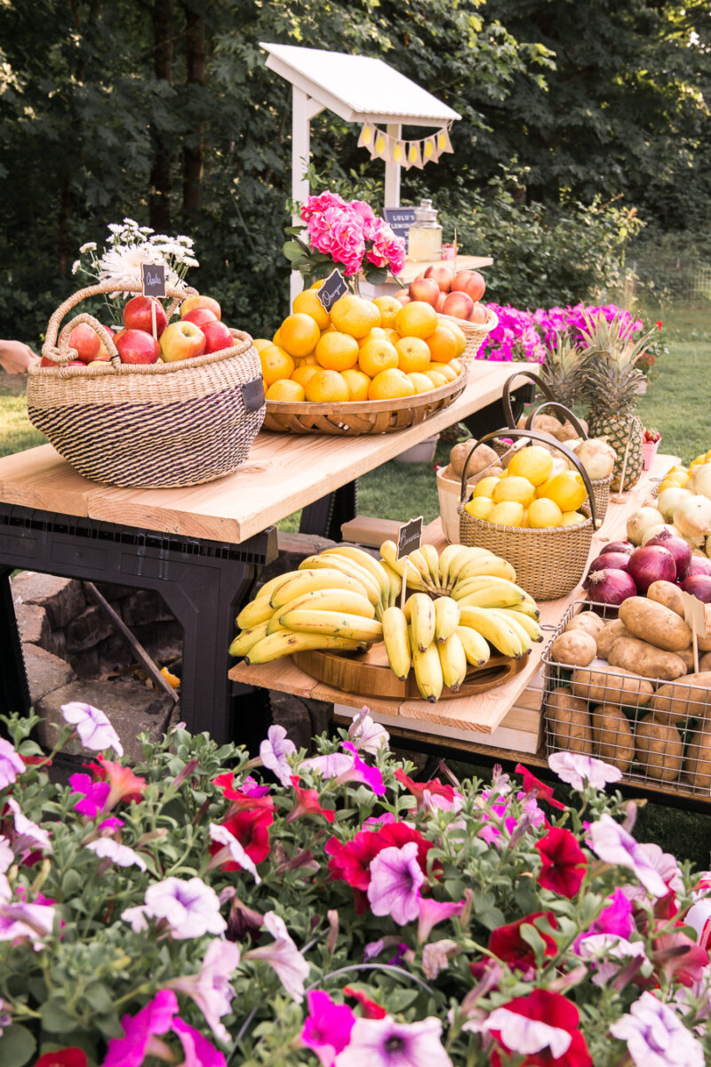 One year old birthday party ideas, farmer's market display, fruits in baskets, farmer's market one year old birthday party, shop the grocery market