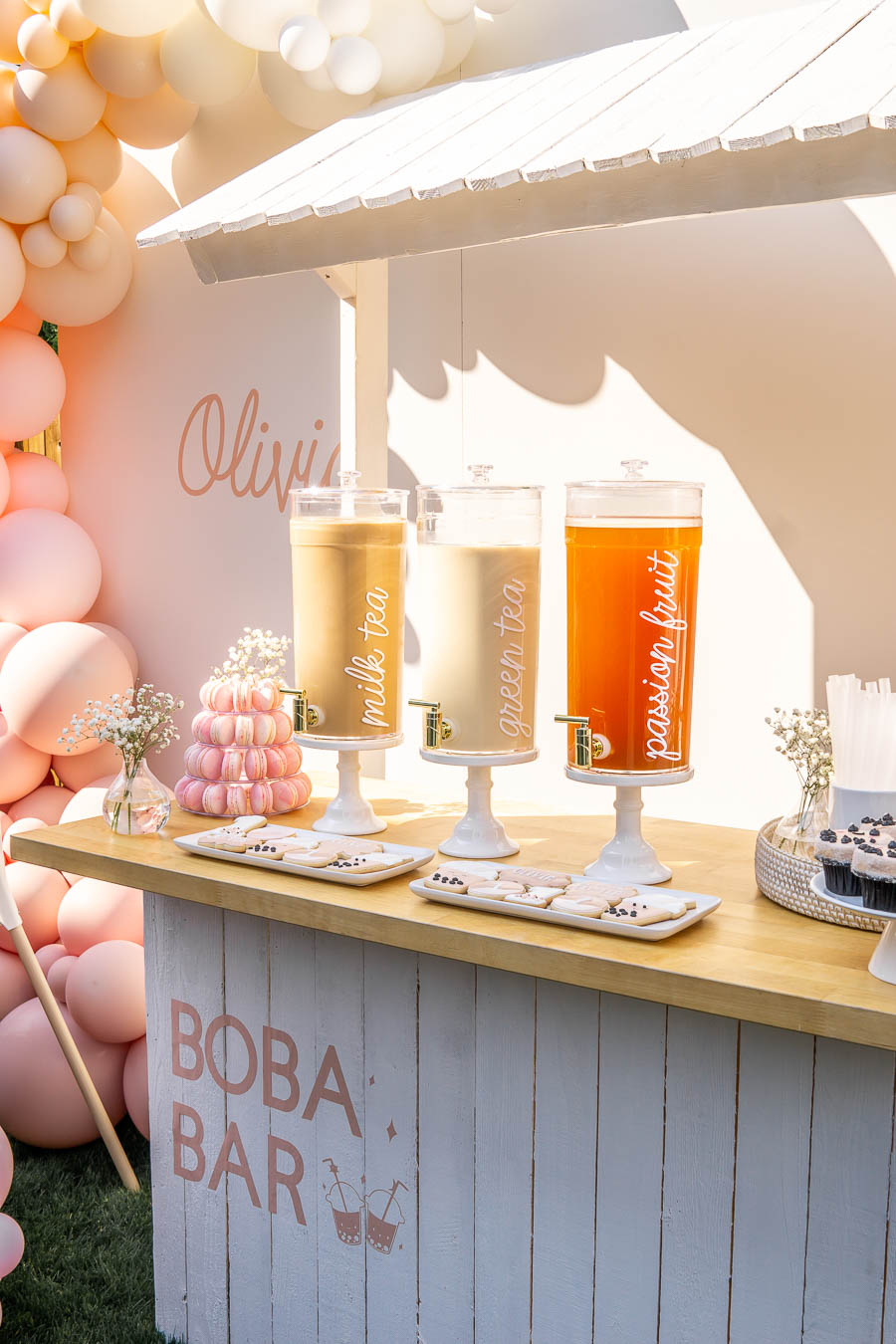 boba bar, boba drink dispensers, clear drink dispensers, boba party theme, boba drinks for birthday party, boba drink display, milk tea first birthday party, homemade milk teas for party, boba bar display