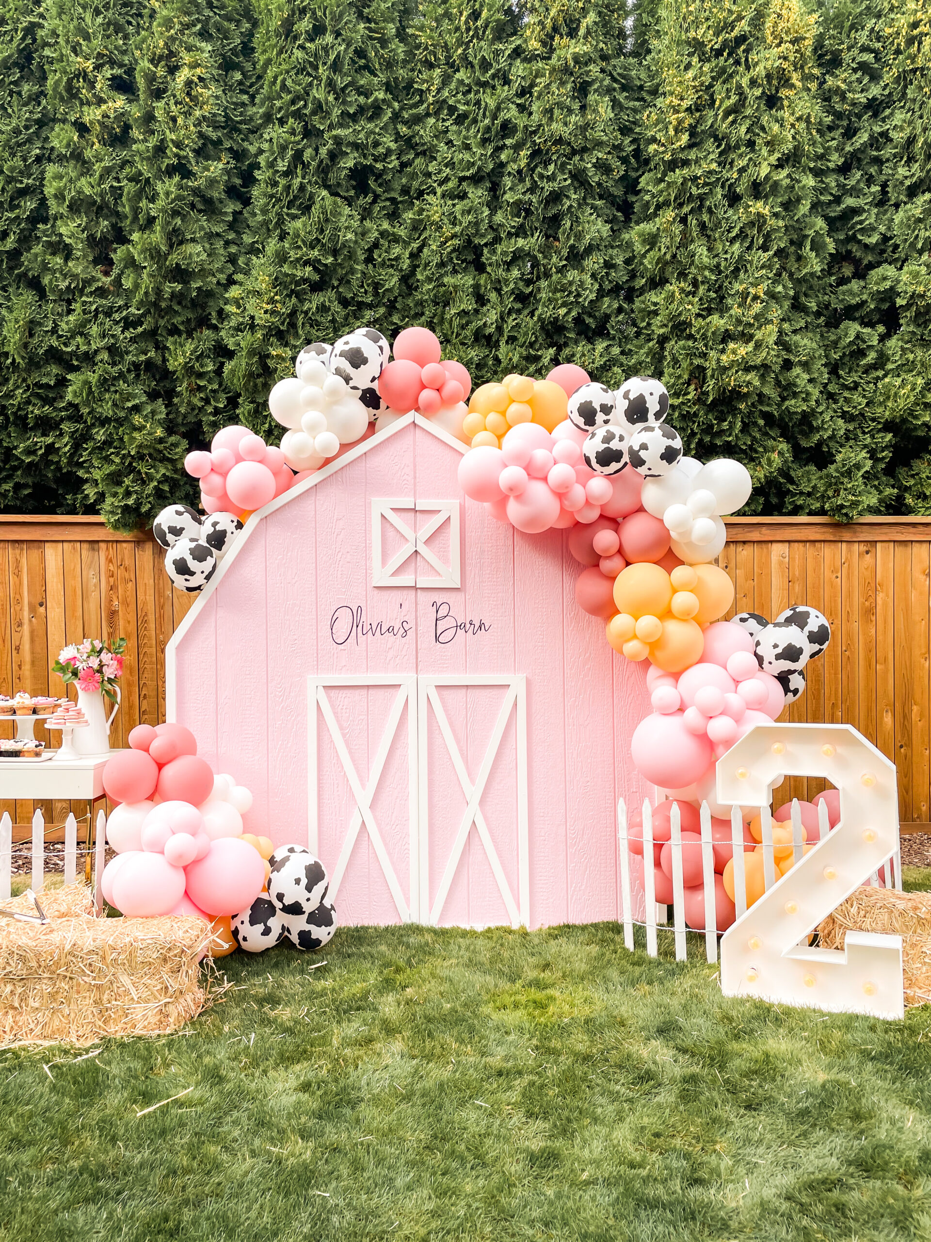 barnyard bash, 2nd birthday barn farm birthday party thene, barnyard backdrop with balloons