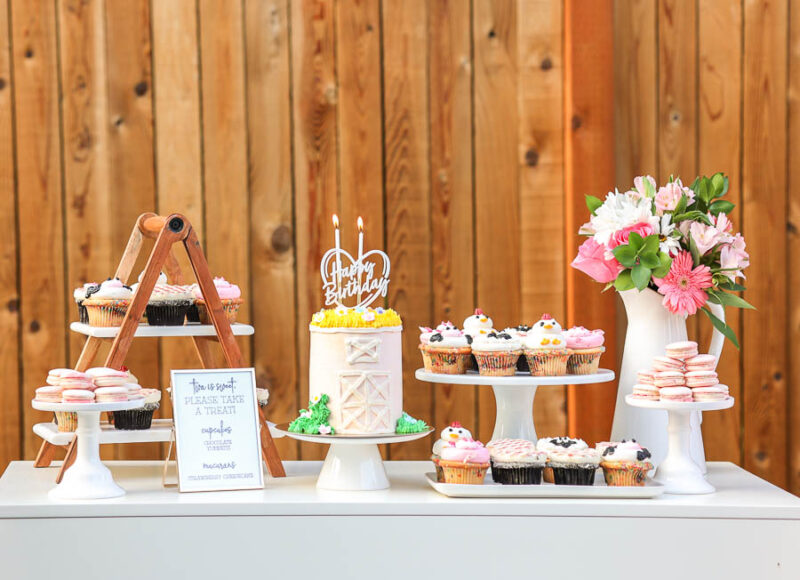 barnyard birthday bash, birthday cake, barn cake, barn cupcakes, farm birthday
