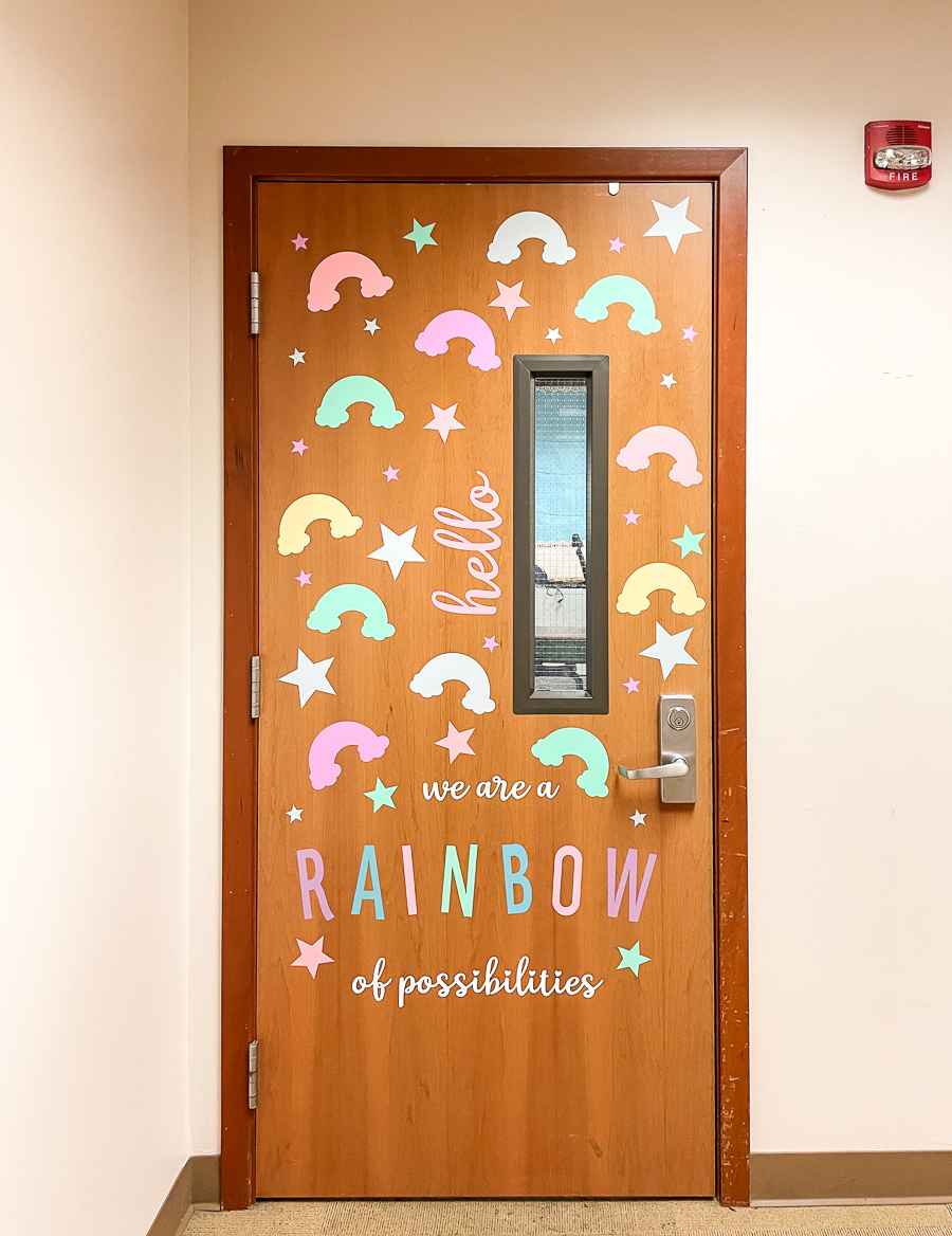 rainbow classroom, classroom door rainbow theme, we are a rainbow of possibilities, Cricut smart sticker cardstock used as classroom name labels
