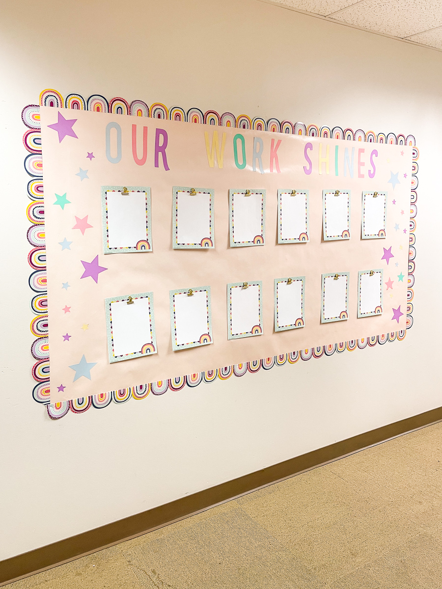 classroom decor, classroom student art display, our work shines, rainbow bulletin board trim