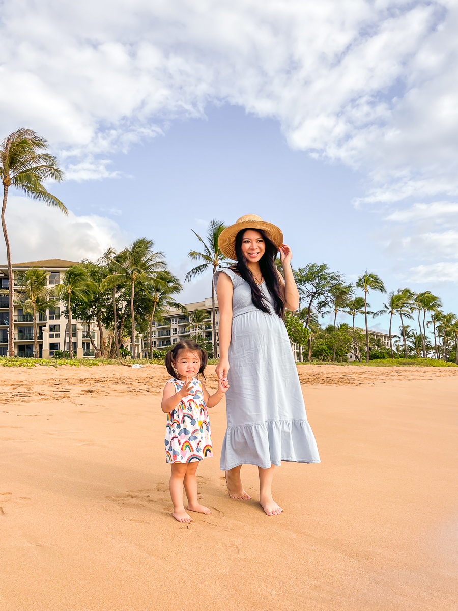 Maui babymoon trip, Maui Beach Fun, Olivia Playing on Beach, Evening Beach Trips, Westin Kaanapali Ocean Resort Villas, Kaanapali Beach, mommy and baby girl vacation outfits