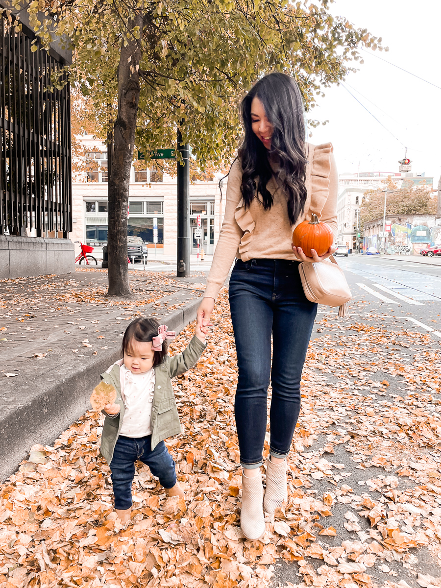 fall outfit idea, fall outfits, ruffle sweater, dark jeans