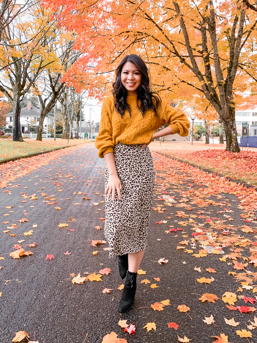 fall outfit idea, fall outfits, leopard skirt, mustard sweater