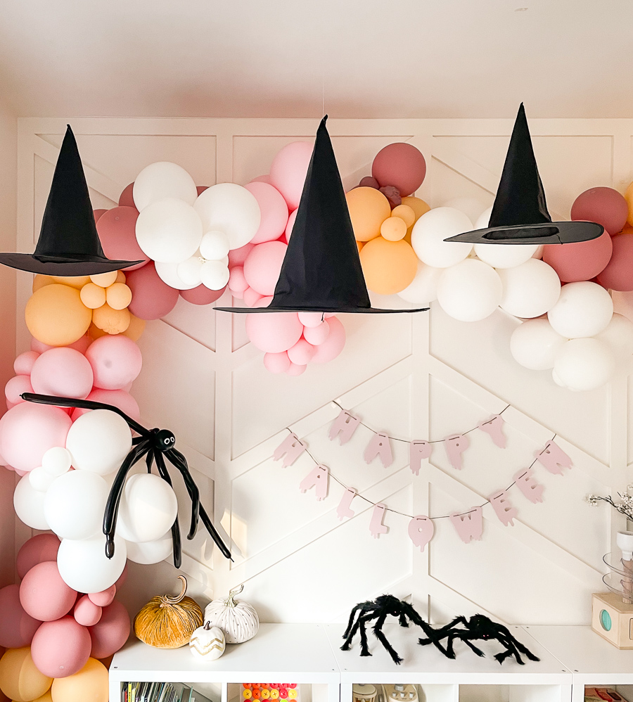 Halloween playroom decor, witches hat decor, halloween balloon arch, girls halloween decor, girls room