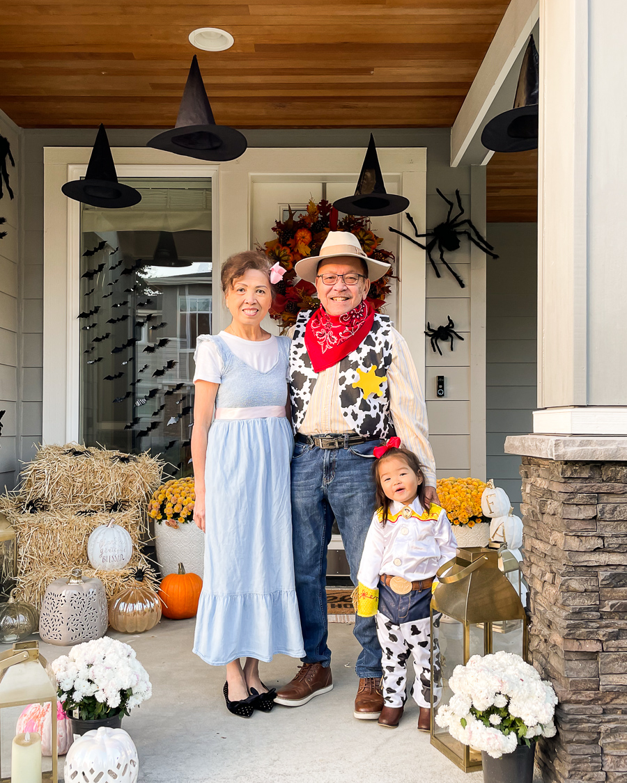 toy story family costumes, family matching costumes, family halloween costumes, diy toy story family costumes, toy story 4 costumes, DIY Bo Peep, Woody, Jessie Halloween costumes