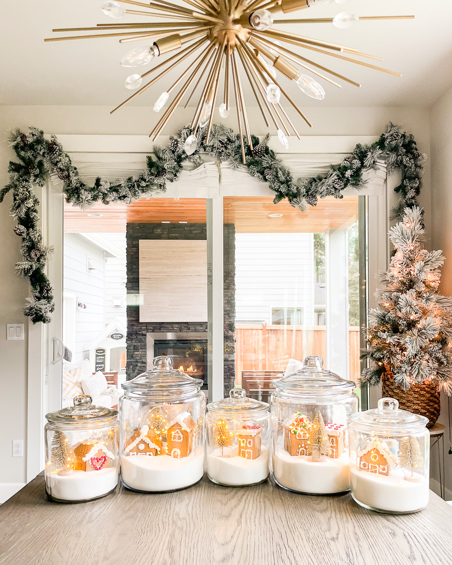 Christmas decor, do-it-yourself Christmas decor, Christmas decorations, gingerbread house with sugar and fairy lights in glass jars, Christmas jar centerpieces