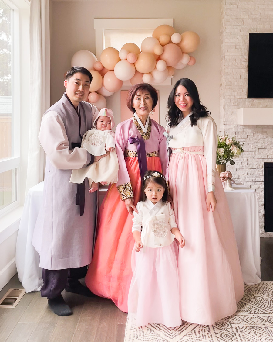 Baek-Il family, 100 days baby Korean celebration,Baek-il at home, family Hanboks for baby, toddler, parents, and halmoni grandma, 100 days party