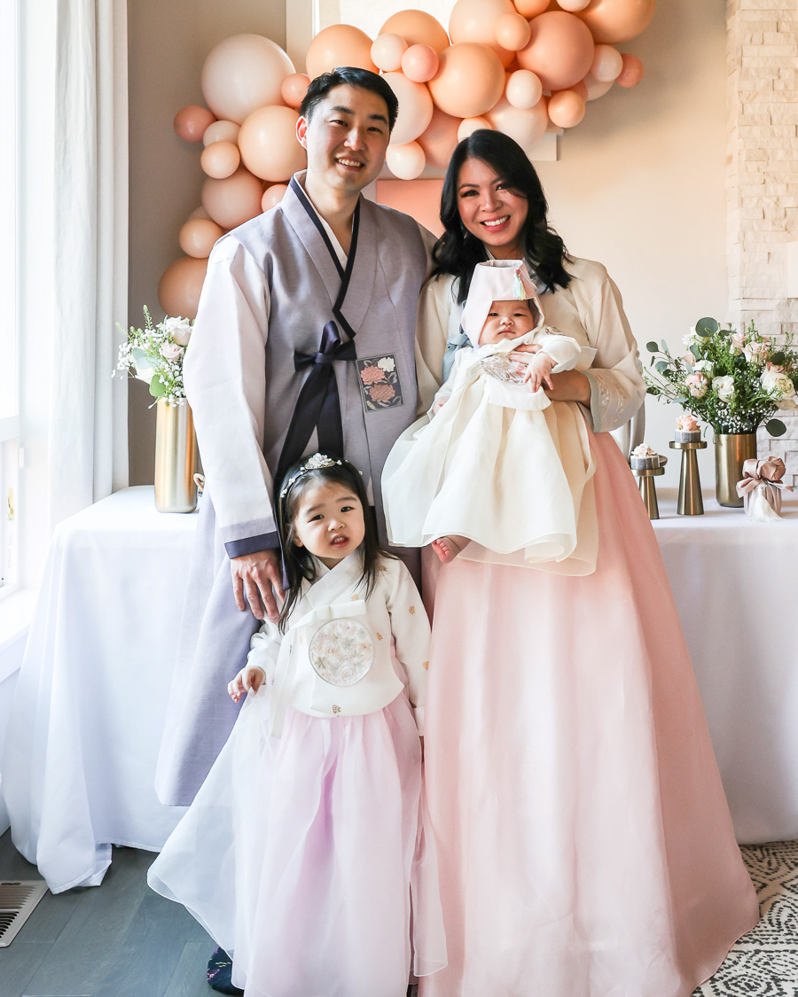 family matching hanboks, Korean hanboks for toddler girl, baby girl, and parents