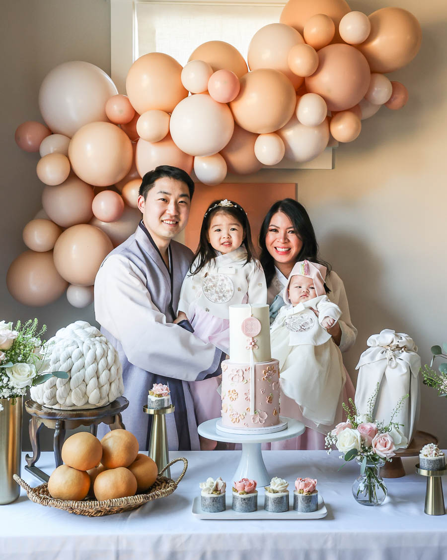Baek-Il family, 100 days baby Korean celebration, 100 days table decorations, Popfest peachy pink balloon garland, Baek-il at home, family Hanboks