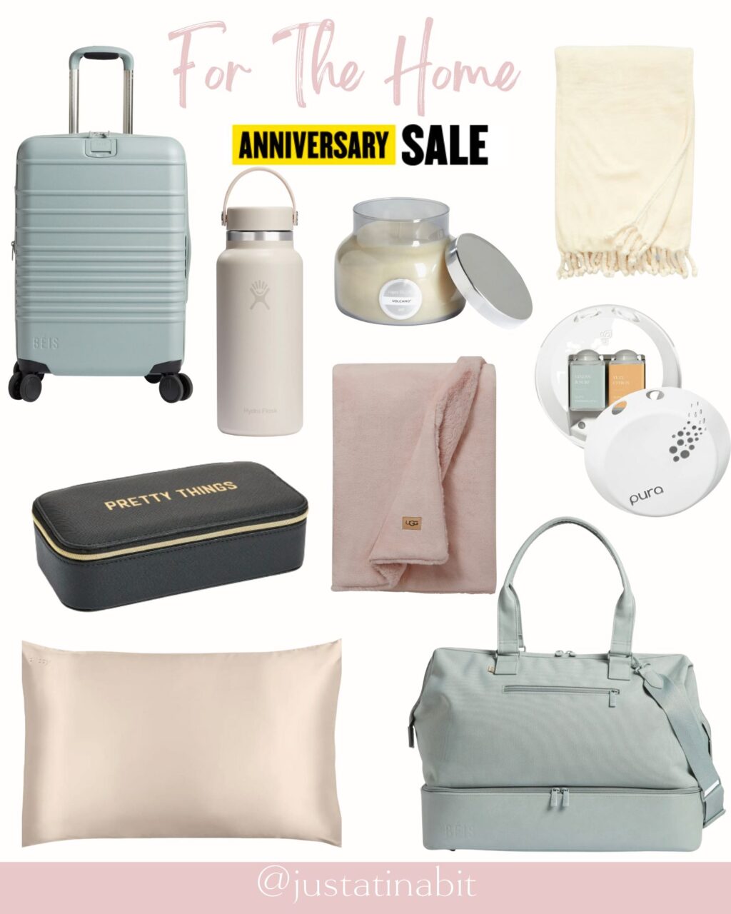 nordstrom anniversary sale 2023 for the home sale favorites, Beis luggage, cozy throw, pura smart diffuser, silk pillow