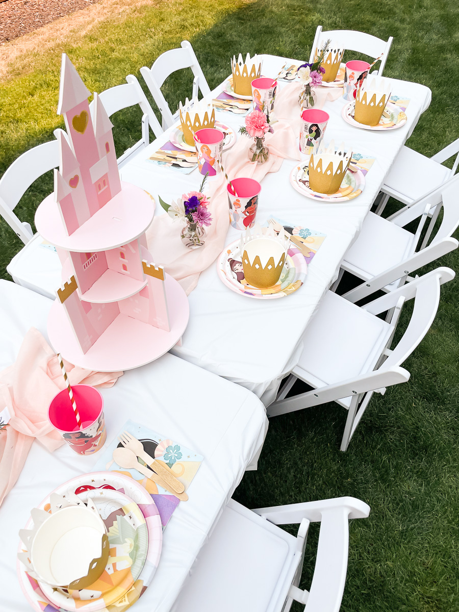 Princess party decorations, castle cupcake stand, kids table setting, toddler birthday party