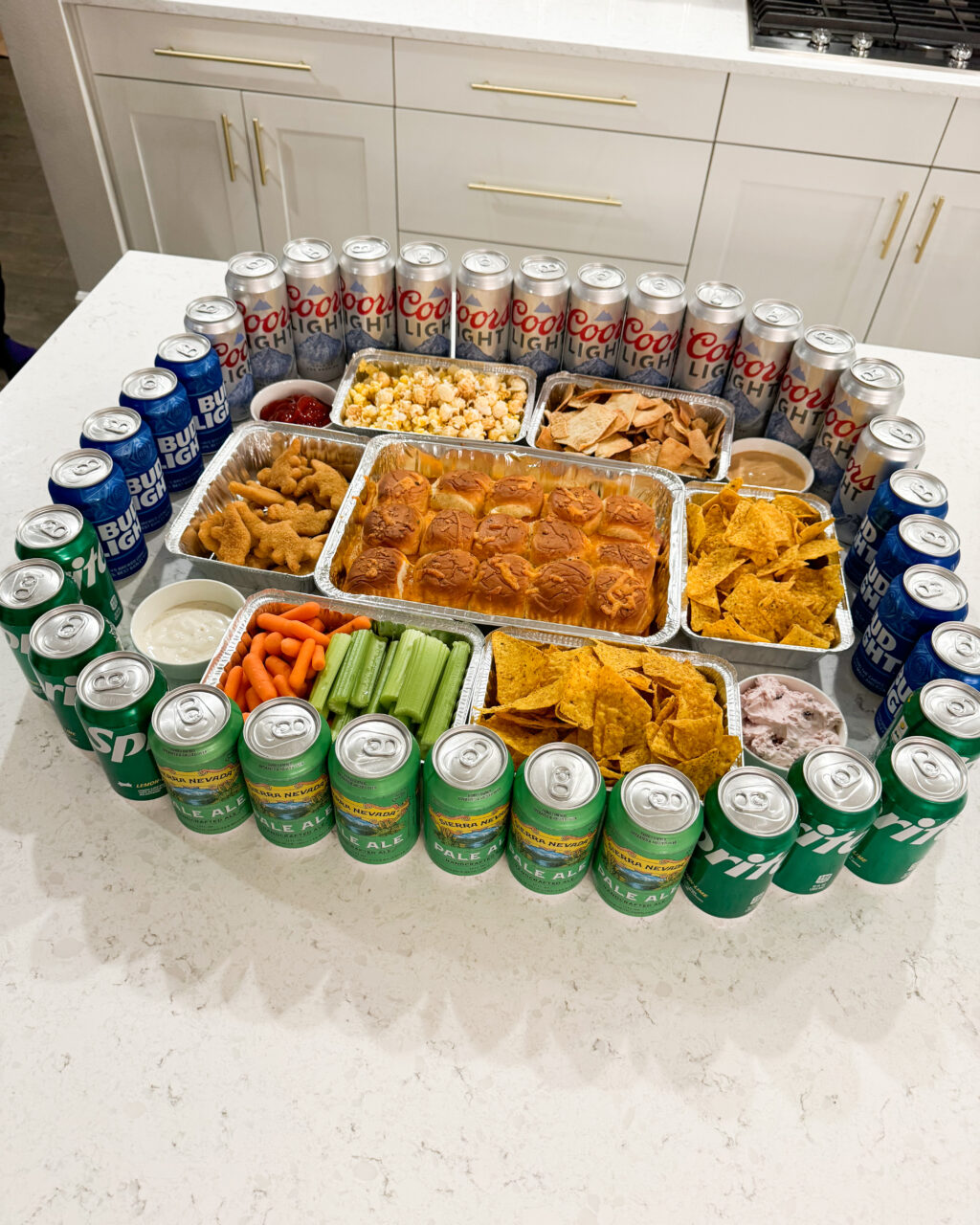 DIY snack stadium without foam board, game day snack display, football watch party food set up, football food