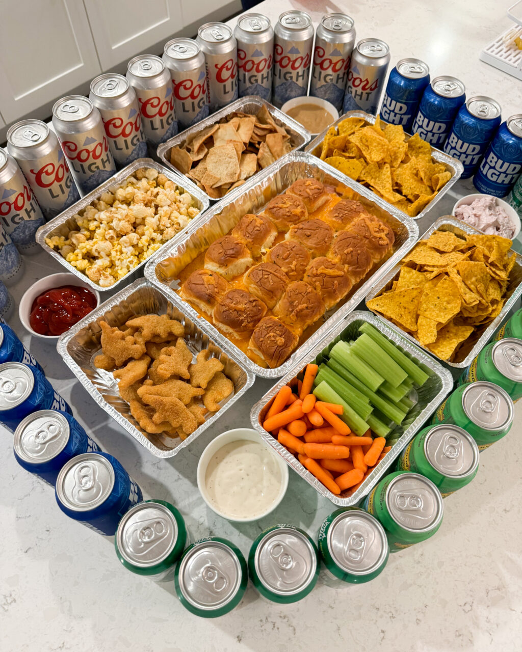 DIY snack stadium without foam board, game day snack display, football watch party food set up, football food